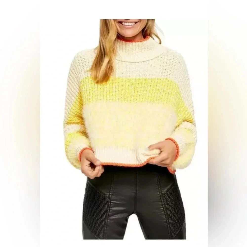 Free People Sunbrite yellow/orange whimsical Mock Neck Sweater size Medi…